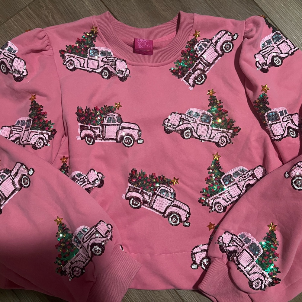QUEEN OF SPARKLES Pink Sweater with Festive Truck Design